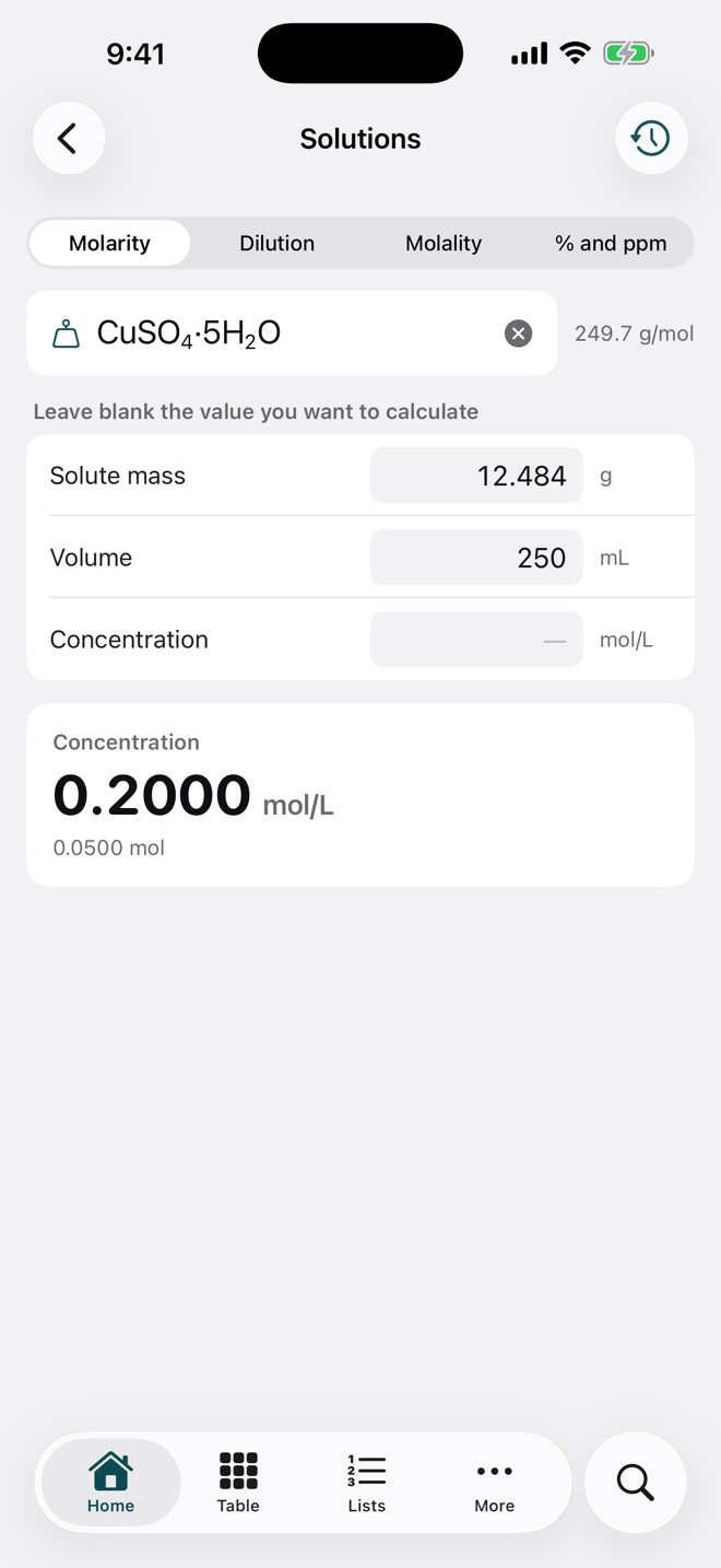 In the app: Solutions calculator