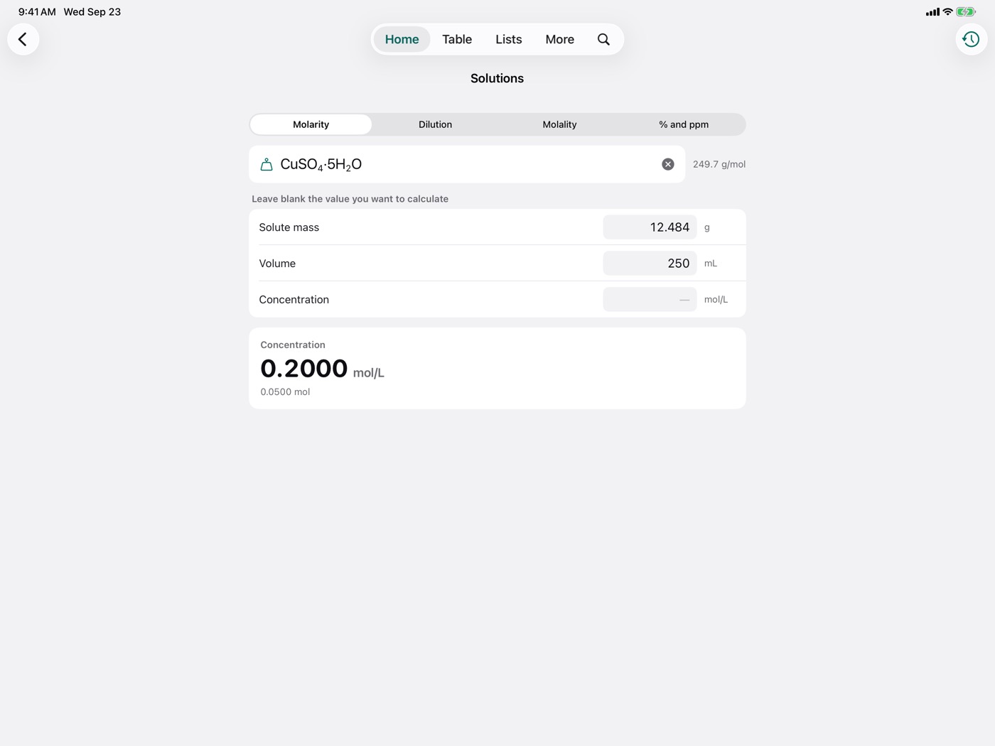 In the app: Solutions calculator