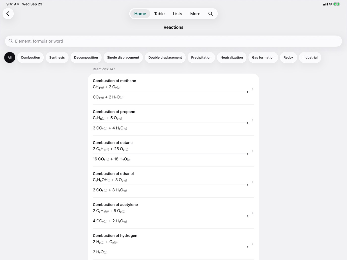 In the app: Chemical reactions