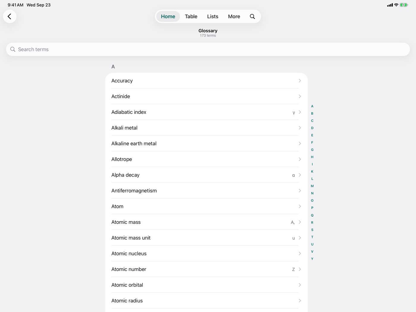 In the app: Glossary